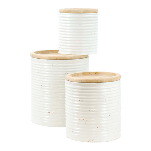 Set of 3 Round Ridged Buckets with Wood Tops