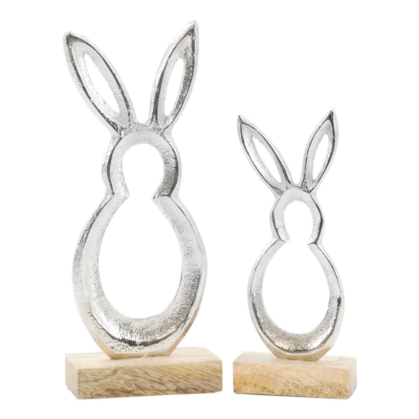 Set of 2 Cutout Silver Metal Bunnies on Stands