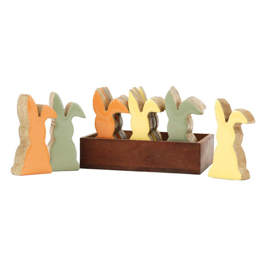 Set of 12 Green, Orange, and Yellow Wood Bunnies