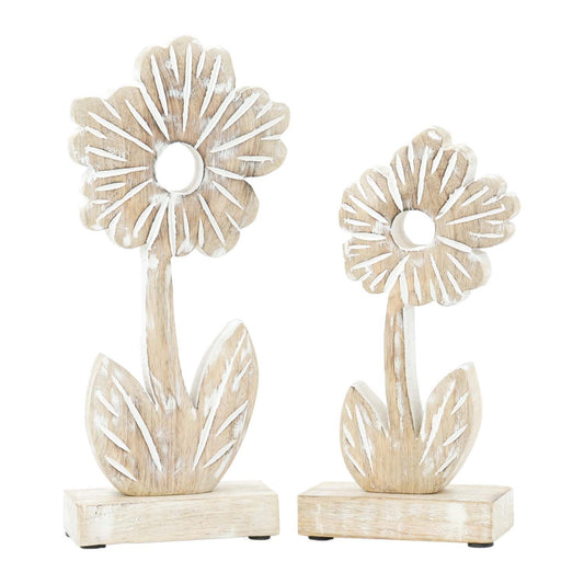 Set of 2 Natural and White Wood Daisies on Stands