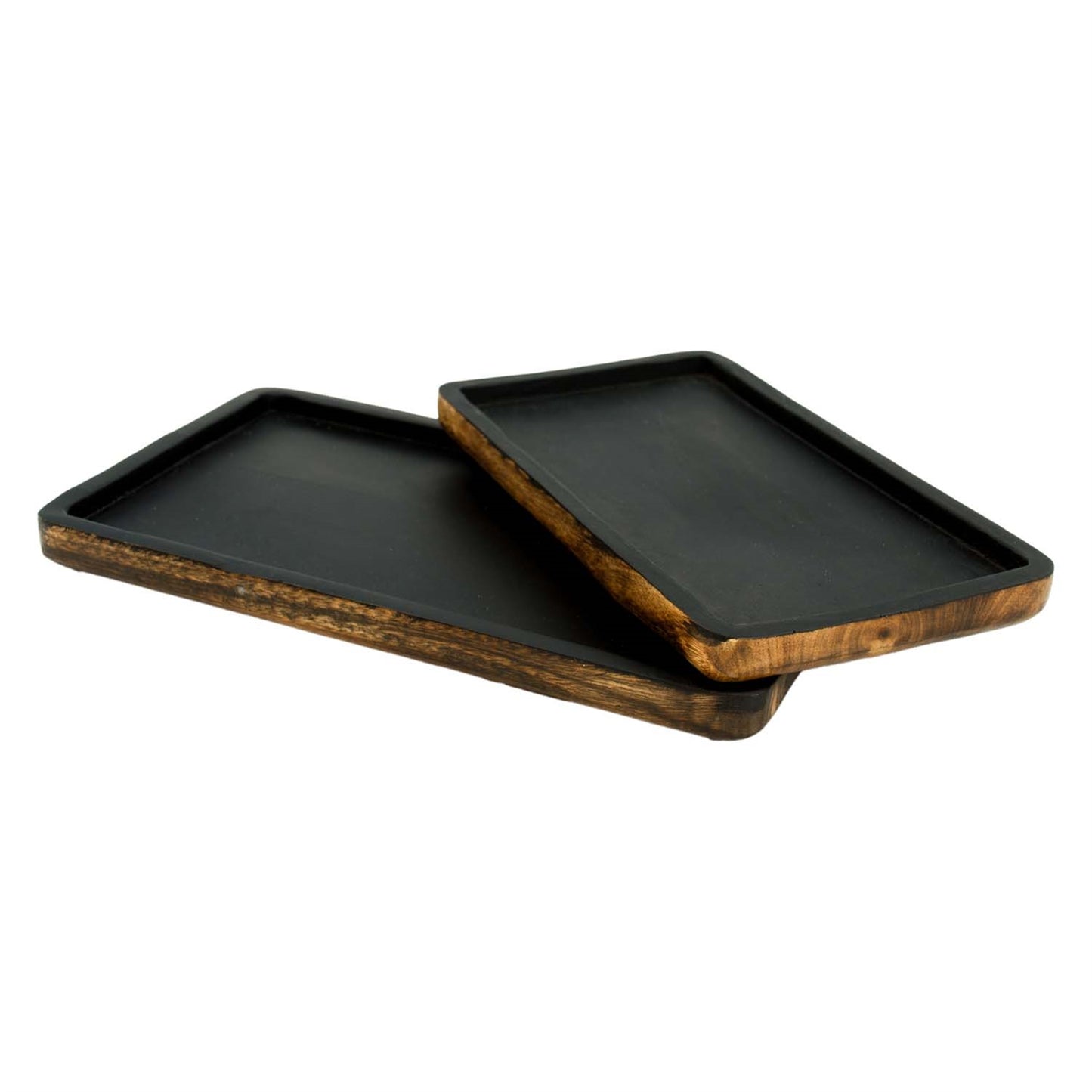 Set of 2 Dark Wood and Matte Black Trays