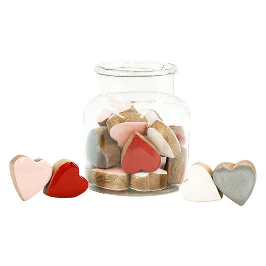 Set of 20 Pink, White, Red, and Silver Little Wood Hearts in Jar