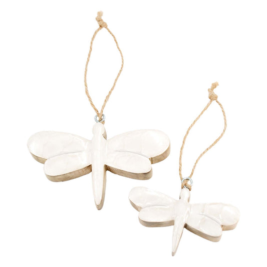 Set of 2 Scalloped Enamel White Dragonfly Hangers 