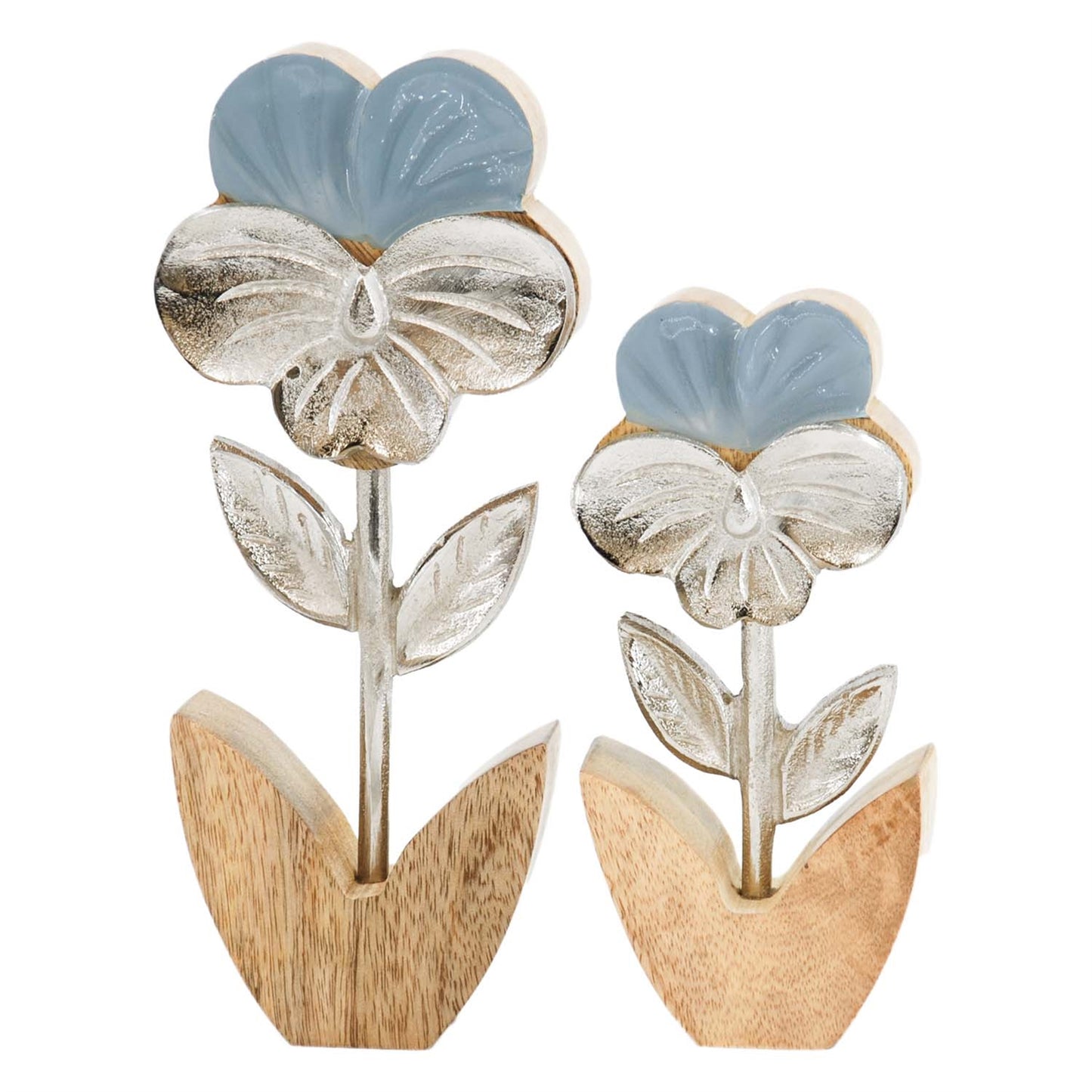 Set of 2 Wood and Metal Flowers with Blue Enamel 